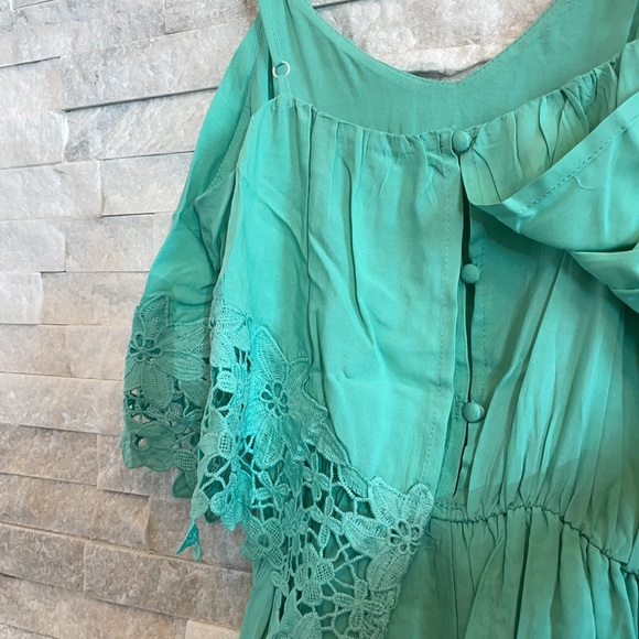 Mint / Turquoise Layered Romper with Crochet Lace Trim - Picture 2 of 4